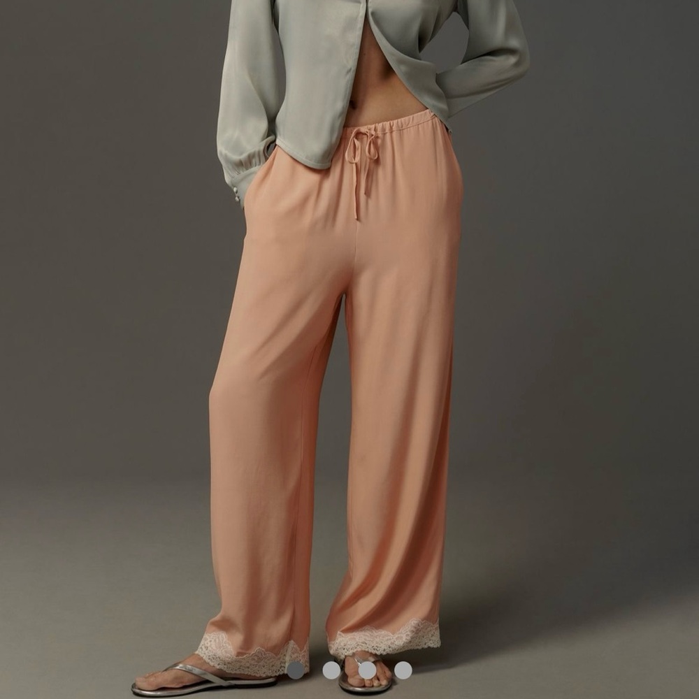 Anthropologie Lace-Trim Silky Pull-On Pants Wide Leg Relaxed Fit M Peach NWT